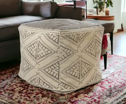 20" Beige Cotton Tribal Pouf Ottoman