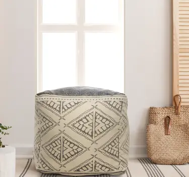 20" Beige Cotton Tribal Pouf Ottoman