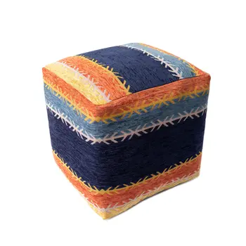 18" Blue And Orange Polyester Blend Striped Pouf Ottoman