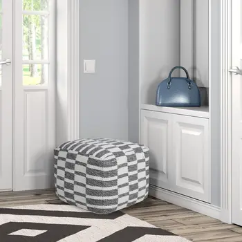 18" Gray Cotton Geometric Pouf Ottoman