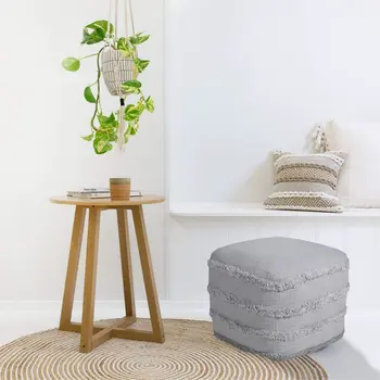 18" Gray Cotton Striped Pouf Ottoman