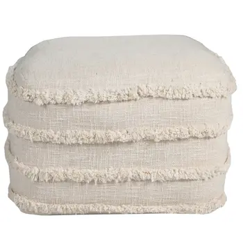 18" Cream Cotton Tufted Cube Striped Pouf Ottoman