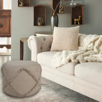 18" Brown Cotton Cylinder Geometric Pouf Ottoman