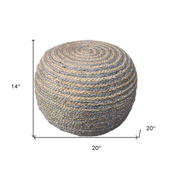 20" Gray Cotton Blend Round Striped Pouf Ottoman