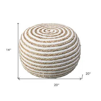 20" White Cotton Blend Round Striped Pouf Ottoman