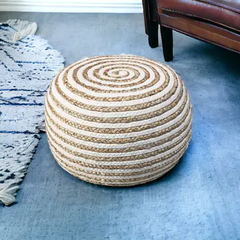 20" White Cotton Blend Round Striped Pouf Ottoman