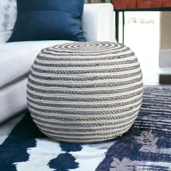 20" Gray Cotton Blend Round Striped Pouf Ottoman
