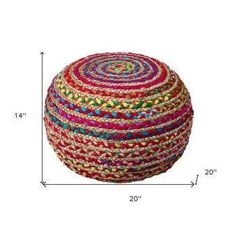 20" Rainbow Cotton Blend Round Striped Pouf Ottoman