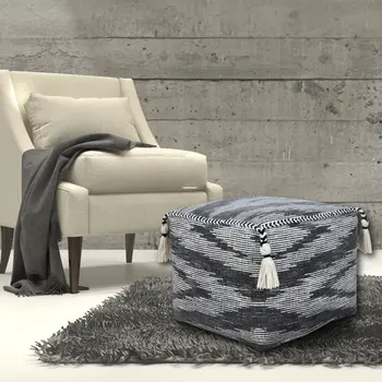 18" Gray Cotton Striped Pouf Ottoman