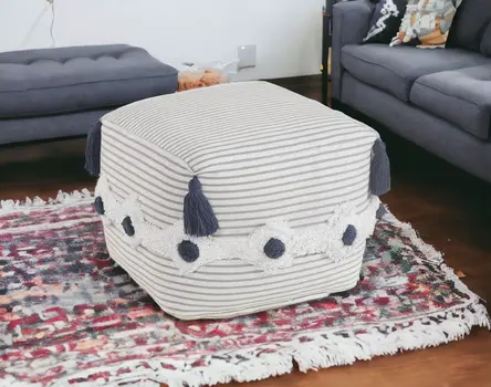 18" Gray Cotton Striped Pouf Ottoman