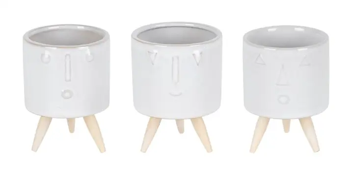 Set of Three White Porcelain 1 Ounce Round Funny Face Pot Planters With Stands