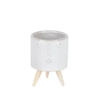 Set of Three White Porcelain 1 Ounce Round Funny Face Pot Planters With Stands