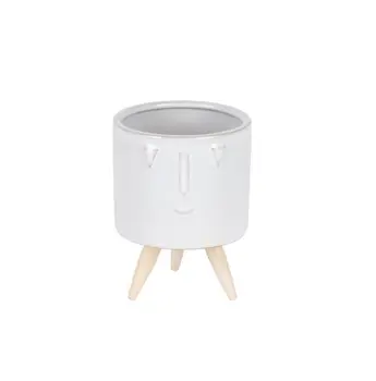 Set of Three White Porcelain 1 Ounce Round Funny Face Pot Planters With Stands
