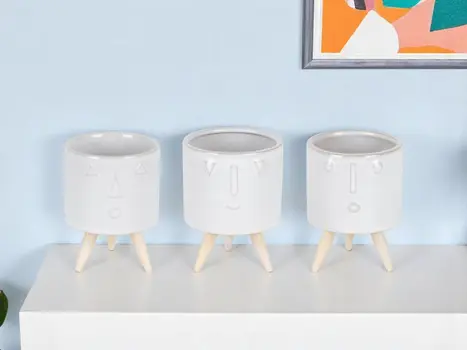 Set of Three White Porcelain 1 Ounce Round Funny Face Pot Planters With Stands