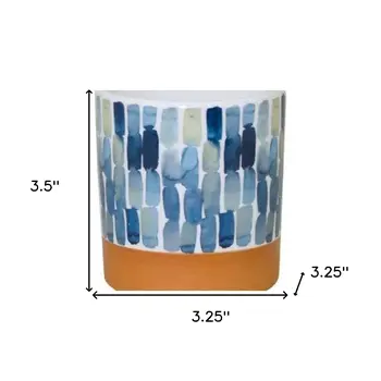 Set of Three Blue Terra Cotta And White Ceramic 1 Ounce Geometric Round Pot Planters