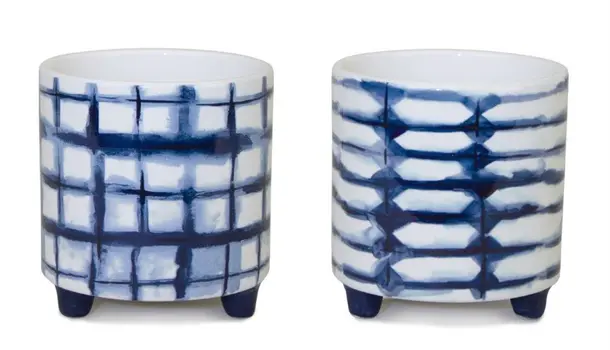 Set of Two Cobalt And White Ceramic 2 Ounce Round Footed Pot Planters