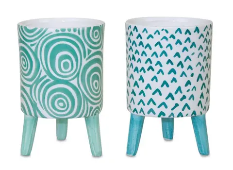 Set of Two Aqua Teal And White Ceramic 2 Ounce Round Raised Pot Planters