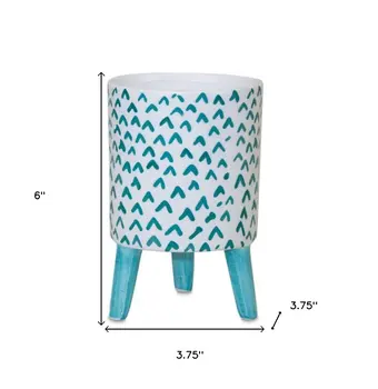 Set of Two Aqua Teal And White Ceramic 2 Ounce Round Raised Pot Planters
