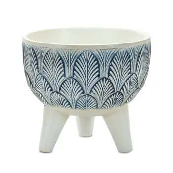 Set of Two Blue And White Polyresin Geometric Pot Planters