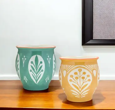 Set of Two Green And Yellow Ceramic 8 Ounce Geo Floral Pot Planters