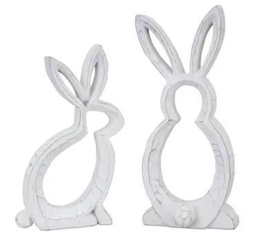 Set of Two White Polyresin Rabbit Statue Tabletop Sculpture