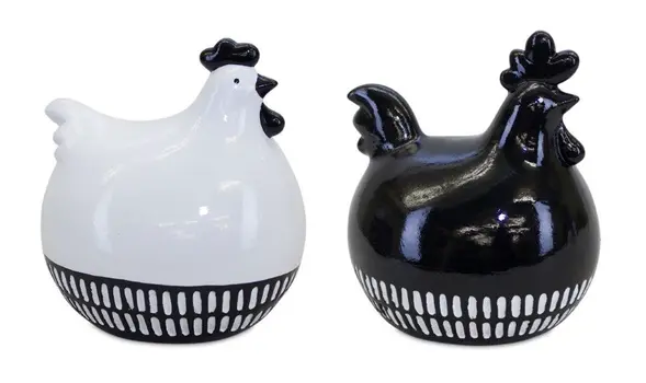 Set of Two Black And White Terracotta Chicken Figurines