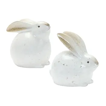Set of Four White And Brown Terracotta Rabbit Figurines