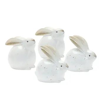 Set of Four White And Brown Terracotta Rabbit Figurines