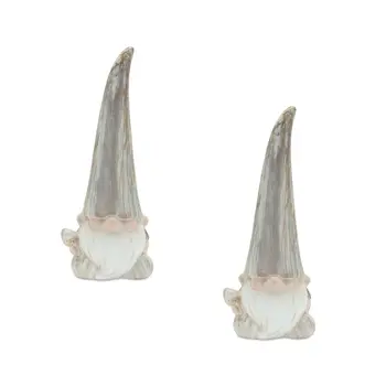 Set of Two Gray and Beige Terracotta Fairy Christmas Standing Gnome Tabletop Sculpture
