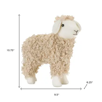 Set of Two Beige And White Plush Sheep Tabletop Sculptures