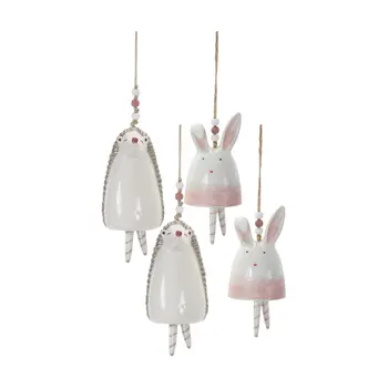 Set of Four 7" Pink And White Resin Hedgehog Model Bell Tabletop Sculpture