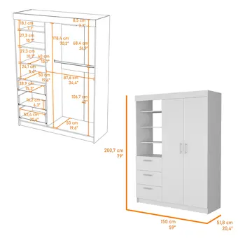 59" White Accent Cabinet Soft Close With Three Shelves And Three Drawers