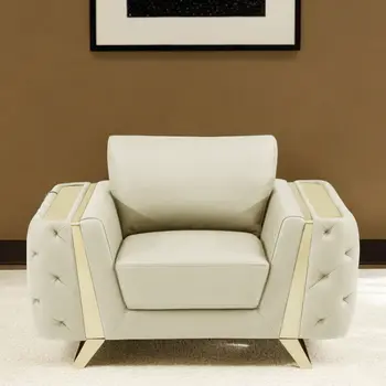 50" Beige And Gold Genuine Leather Tufted Club Chair