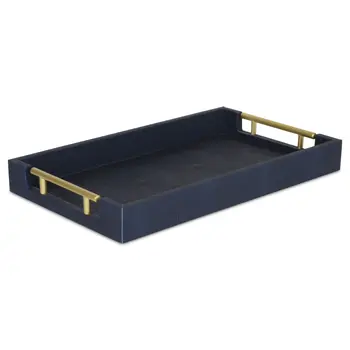 16" Navy Blue Wood Faux Shagreen Serving Tray With Handles