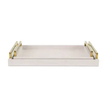 Set of Two Off White Wood and Fabric Nested Serving Trays With Gold Handles