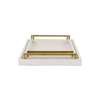 Set of Two Off White Wood and Fabric Nested Serving Trays With Gold Handles
