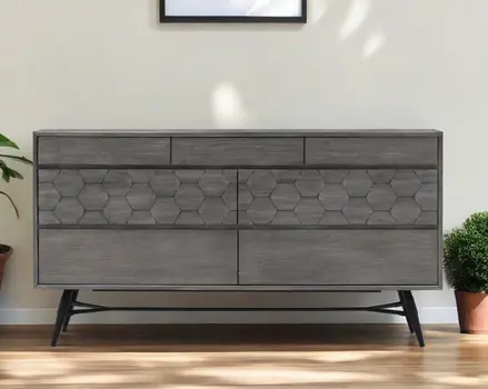 61" Gray Solid Wood Six Drawer Double Dresser