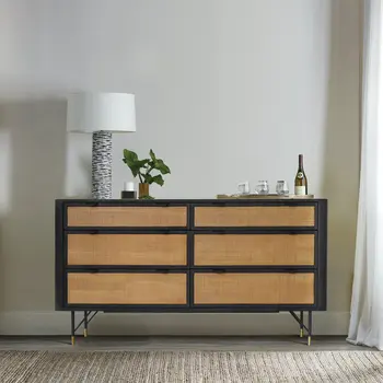 61" Natural and Black Solid Wood Six Drawer Double Dresser
