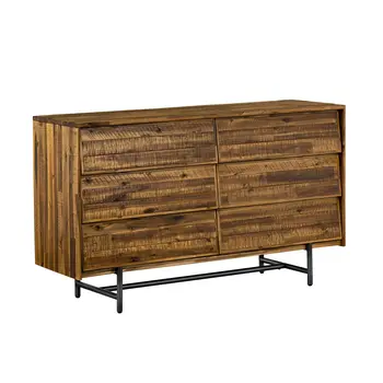 57" Brown and Black Solid Wood Six Drawer Double Dresser
