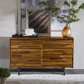 57" Brown and Black Solid Wood Six Drawer Double Dresser