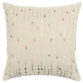 20" Gold and Ivory Cotton Pillow With Beads Edges