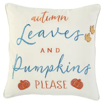 20" Ivory Blue and Orange Thanksgiving Cotton Pillow With Applique, Embroidery Edges