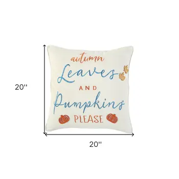 20" Ivory Blue and Orange Thanksgiving Cotton Pillow With Applique, Embroidery Edges