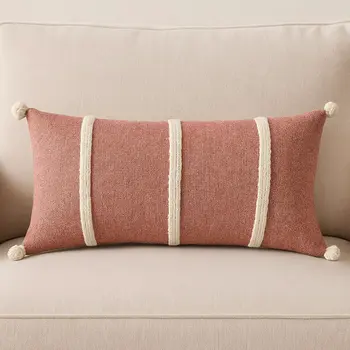 14" X 14" Red and White Cotton Pillow With Tassels Edges