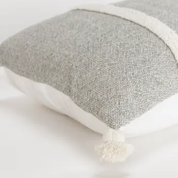 14" X 14" Gray and White Cotton Pillow With Tassels Edges