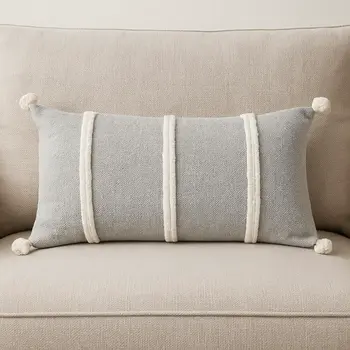 14" X 14" Gray and White Cotton Pillow With Tassels Edges