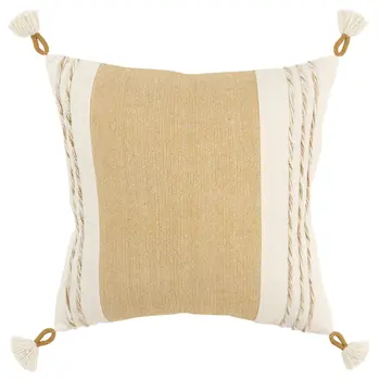 20" Yellow and White Color Block Cotton Throw Pillow With Tassels