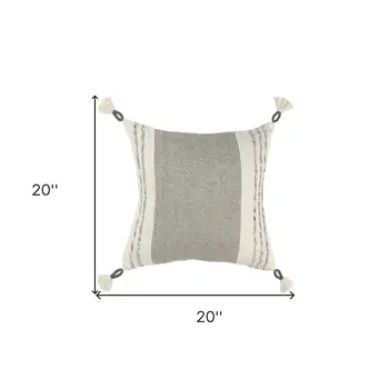 20" Gray and White Color Block Cotton Throw Pillow With Tassels