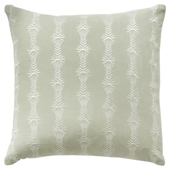 20" Green and White Cotton Throw Pillow With Embroidery