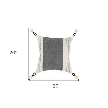 20" White and Black Striped Cotton Throw Pillow with Tassels and Texture